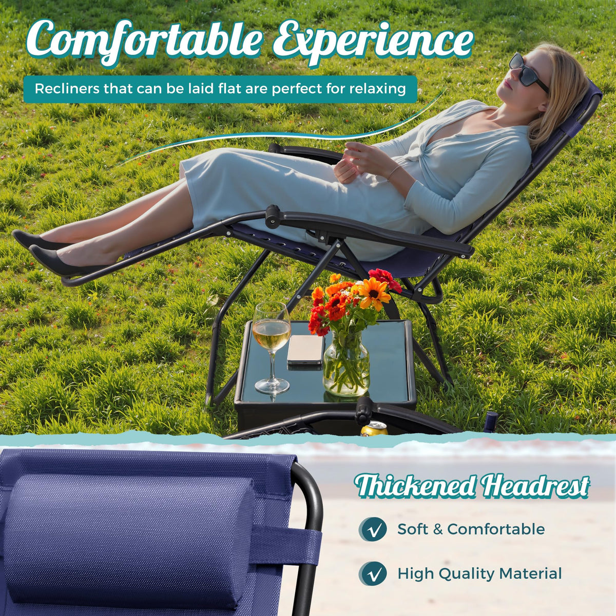Zero Gravity Chair with Cup Holder Pillows Set of 2 Blue T2486