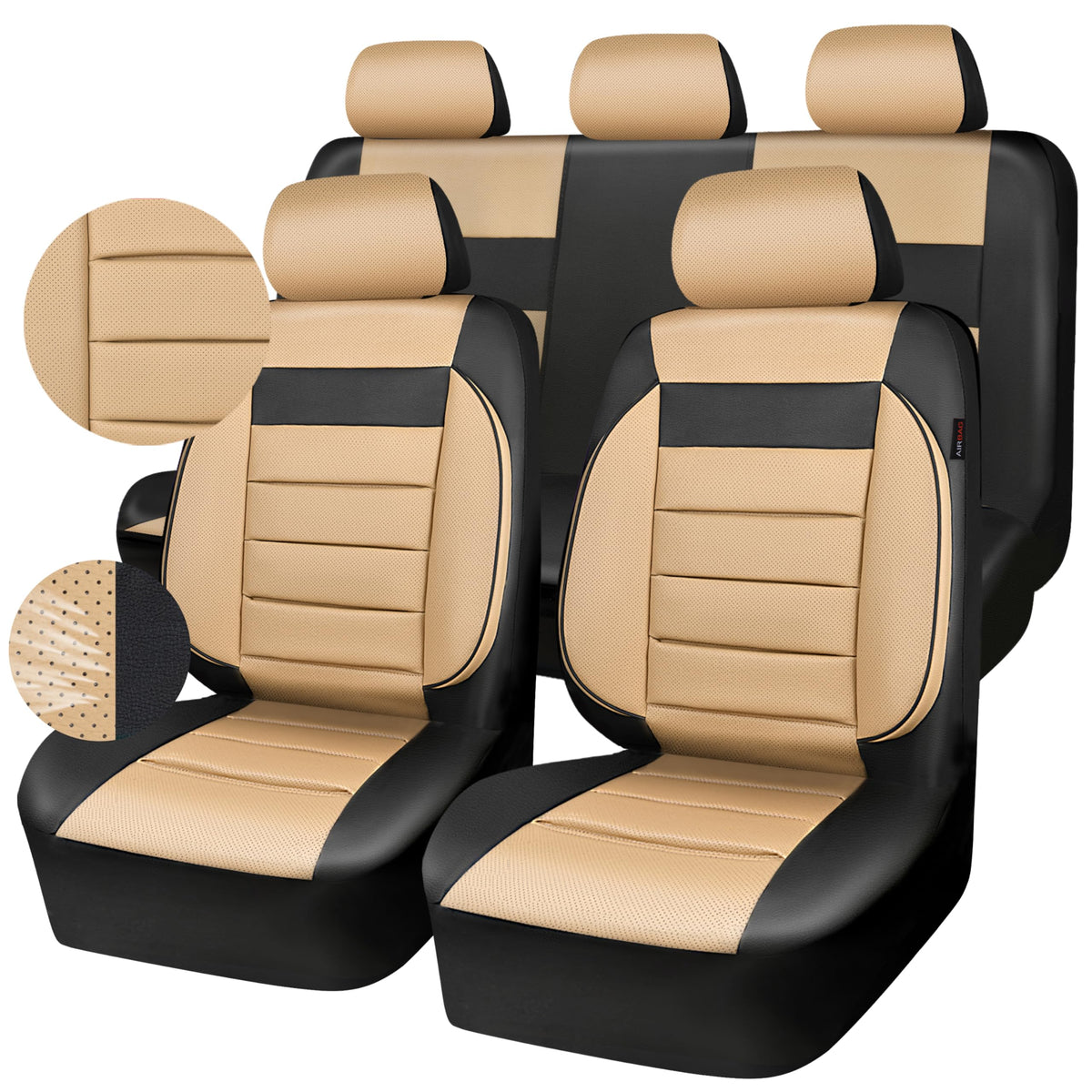 Leather Seat Covers Full Set Universal Water Resistant Beige Black I607508