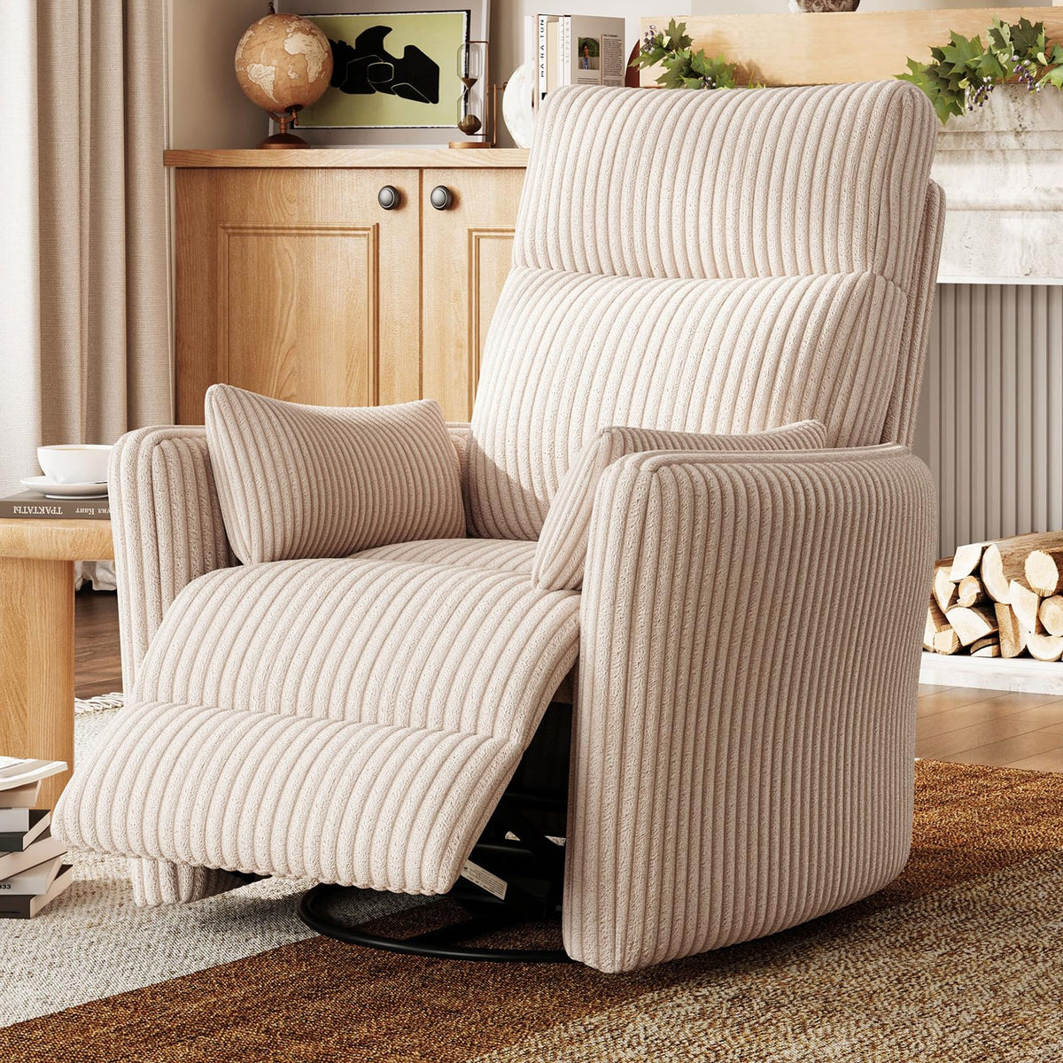 360 Swivel Recliner Chair with 2 Pillows Beige Corduroy N5405